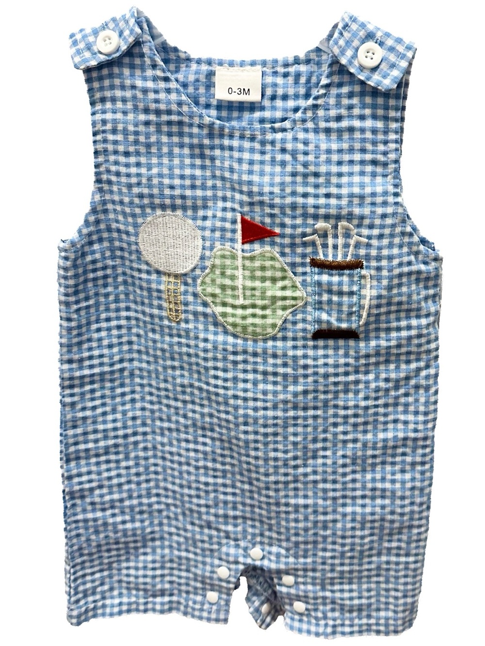 Blue Gingham Golf Appliqué Baby Romper
